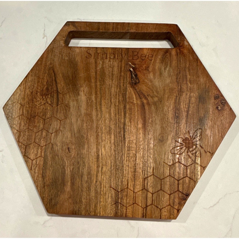 Simply Bee Hexagon Cutting Board w/ Handle, Honeycomb Bee Design, 12 in Wood